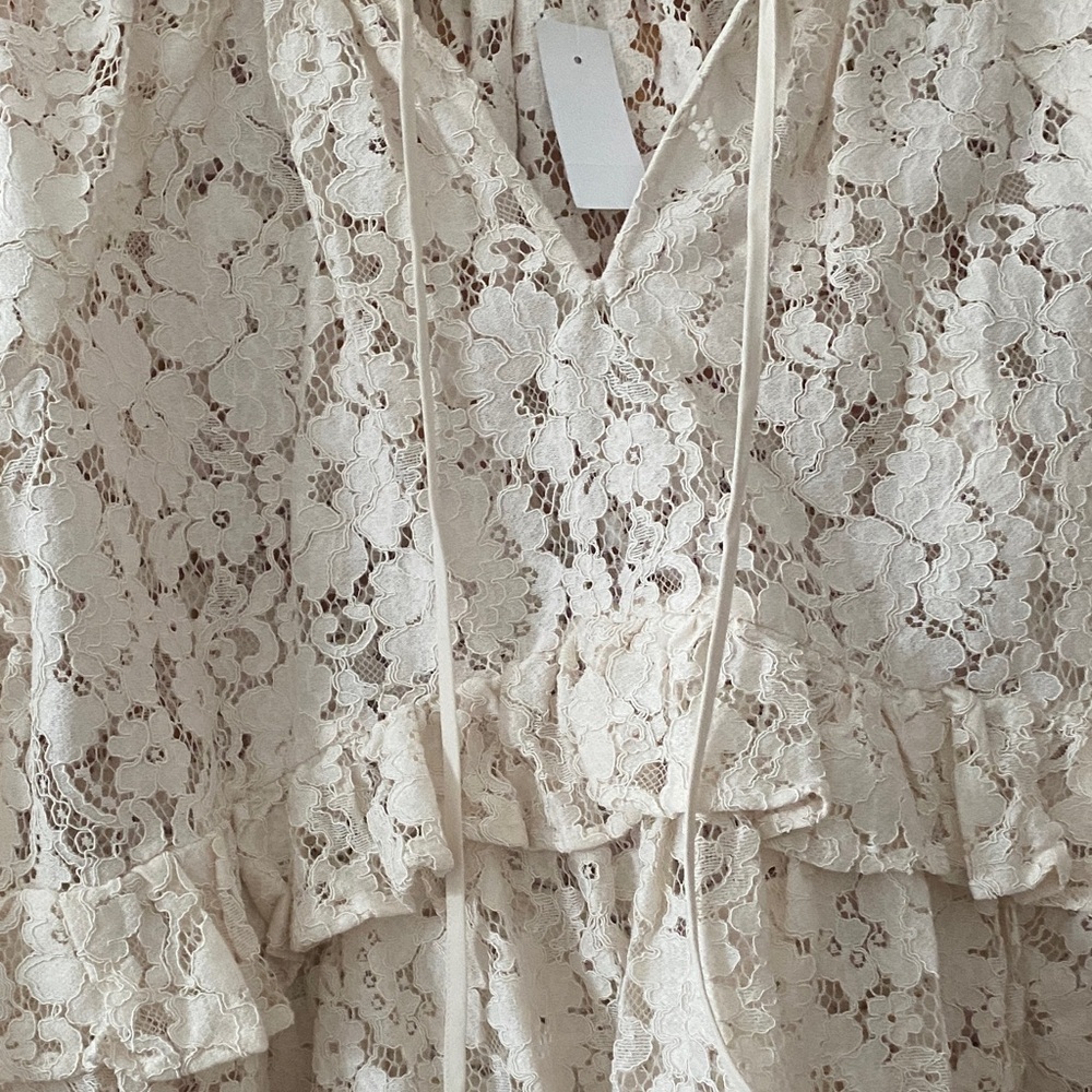 LOFT Lace Peplum Blouse NWT Cream Tie Front Romantic Cottagecore Top Size Small - Picture 3 of 10